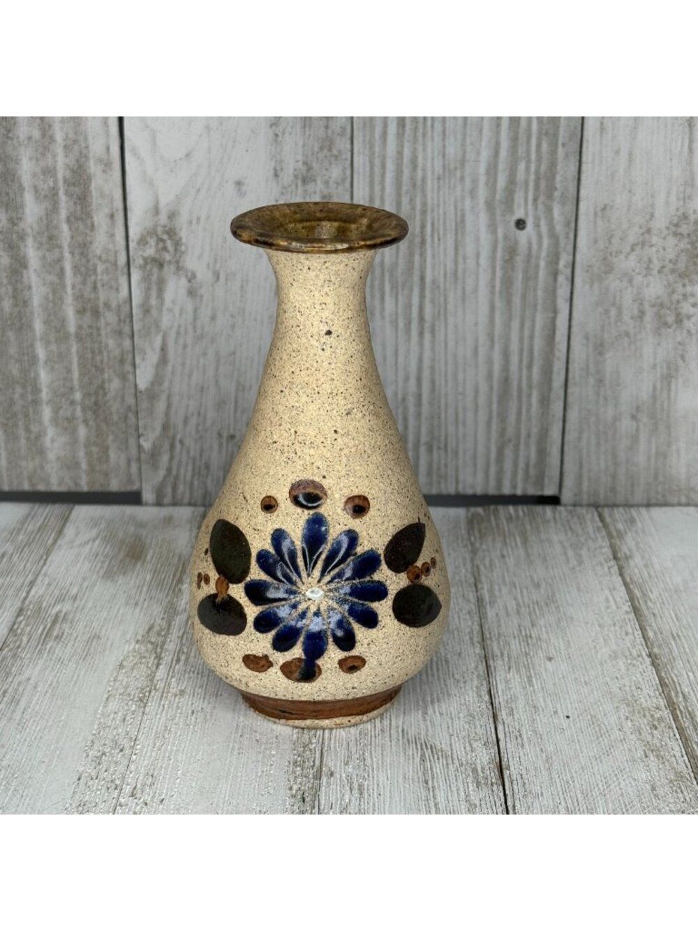 Vintage Tonala Jalisco Handpainted Mexican Folk Art Sandstone Pottery Bud Vase